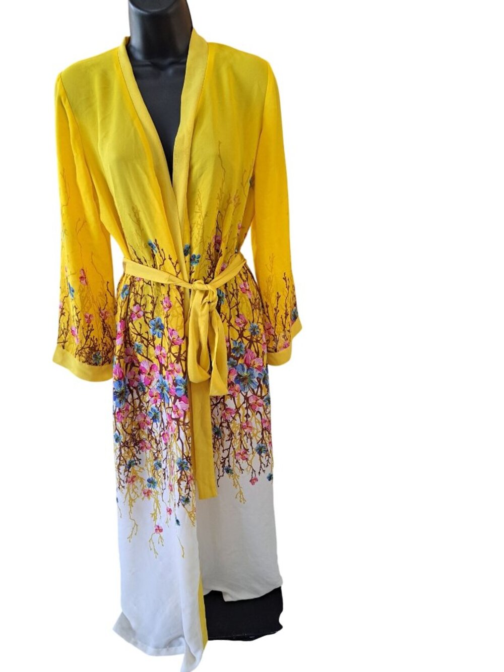VtgThu Silk Yellow Floral Kimono Robe Belt Chiffon Womens One Size Fits Most